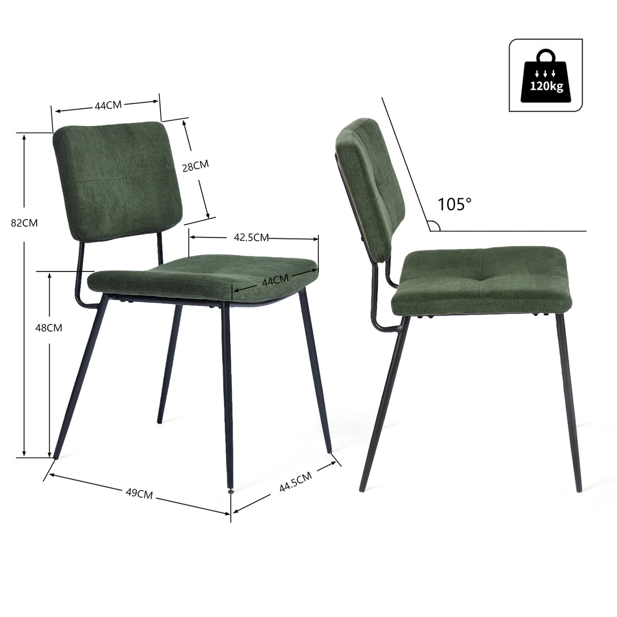 Karomi - Ensemble de 2 chaises de salle à manger industrielles en tissu vert