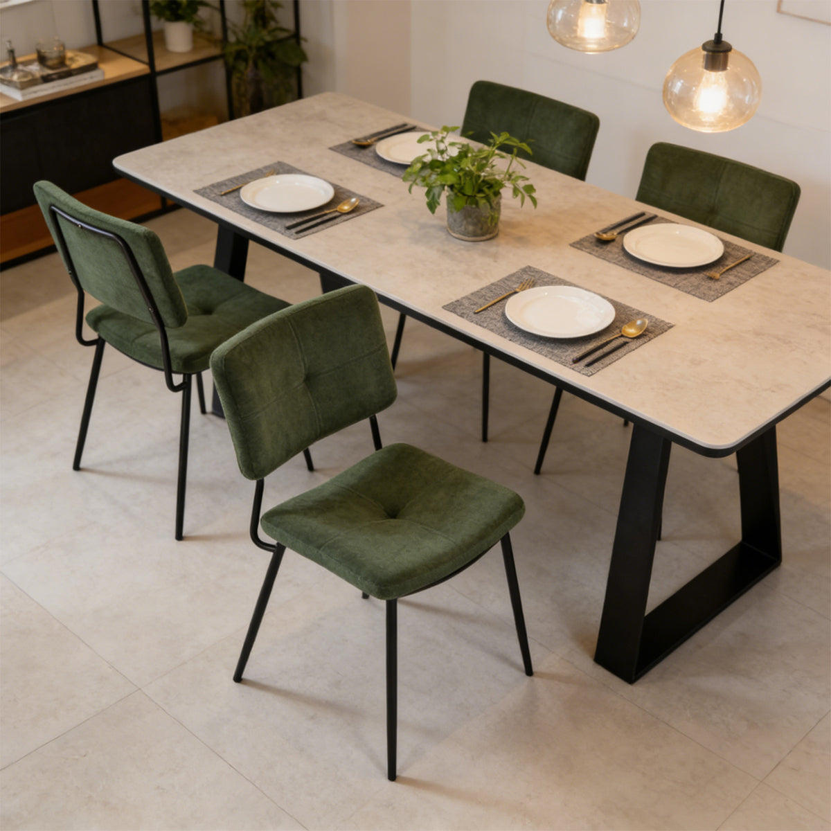 Karomi - Ensemble de 2 chaises de salle à manger industrielles en tissu vert