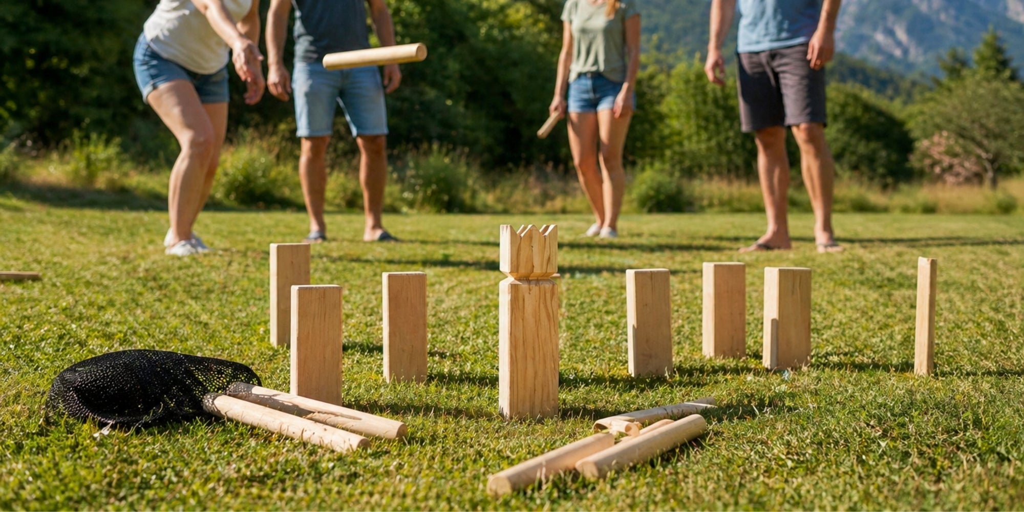 Jeu de Kubb en Bois 21 Pièces pour 2 à 12 Joueurs avec Filet de Rangement – Jeu d’Extérieur d’Adresse pour Jardin