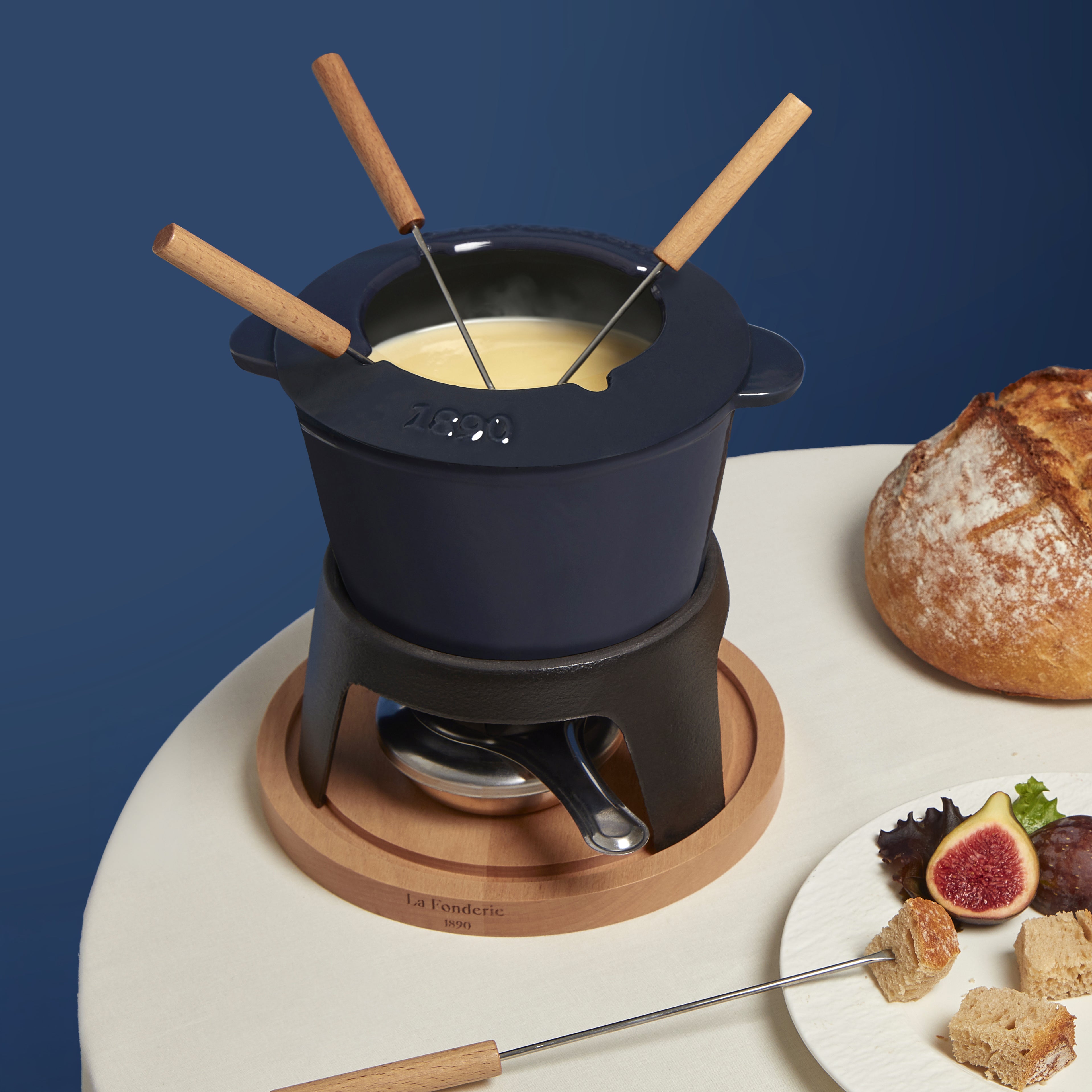Service à fondue en fonte pour 4 personnes - Bleu