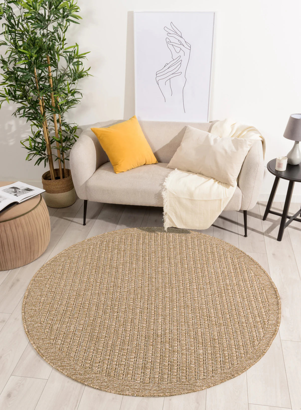 Tapis effet jute naturel uni beige rond - Nature