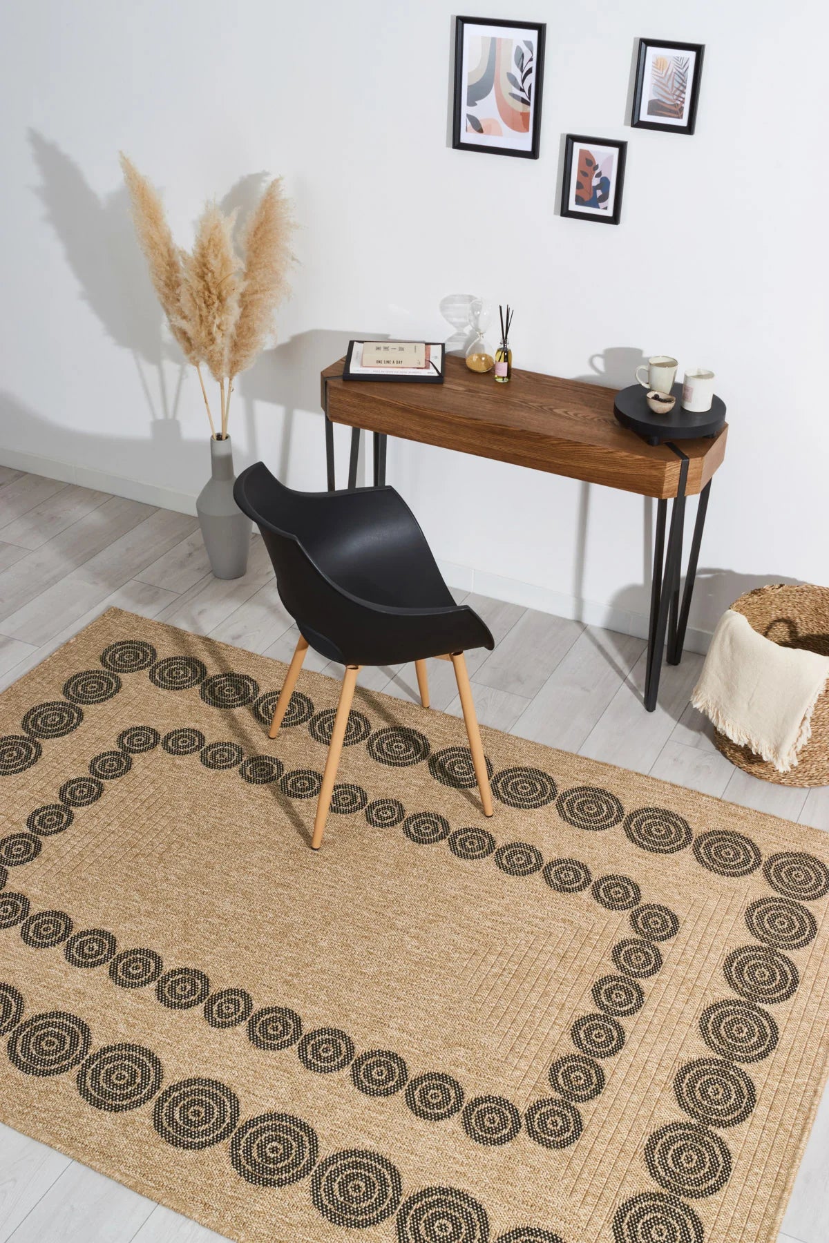 Tapis aspect jute nature motifs géométriques noirs - Nature