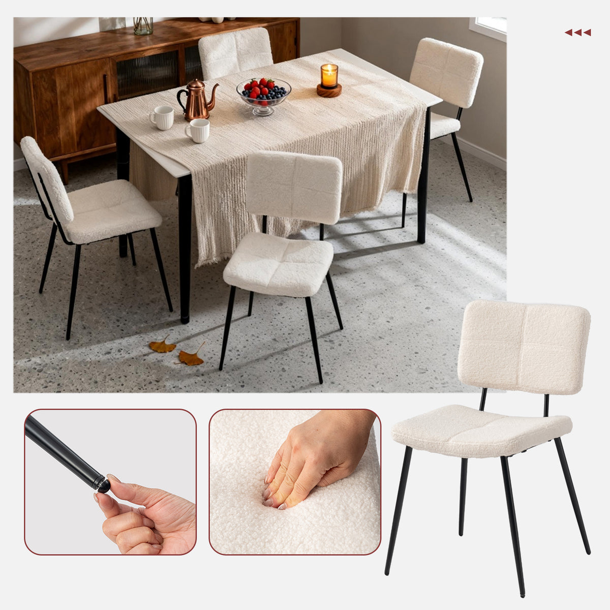 Pomona - Ensemble de 4 chaises de salle à manger scandinaves en tissu bouclette beige