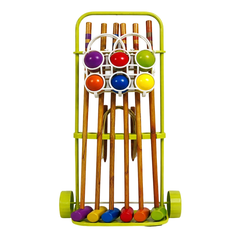Jeu de Croquet Complet Bois pour 6 Joueurs avec Chariot de Transport Arceaux Maillets et Boules