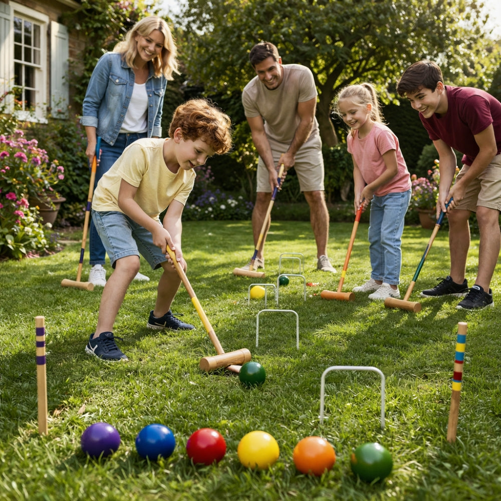 Jeu de Croquet Complet Bois pour 6 Joueurs avec Chariot de Transport Arceaux Maillets et Boules