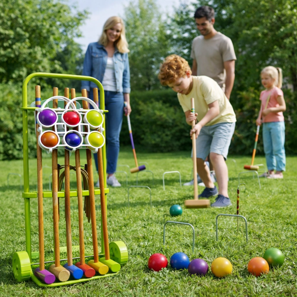 Jeu de Croquet Complet Bois pour 6 Joueurs avec Chariot de Transport Arceaux Maillets et Boules