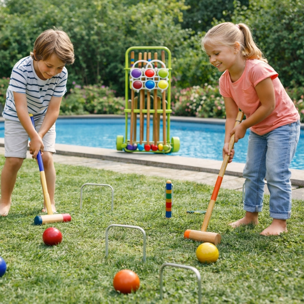 Jeu de Croquet Complet Bois pour 6 Joueurs avec Chariot de Transport Arceaux Maillets et Boules