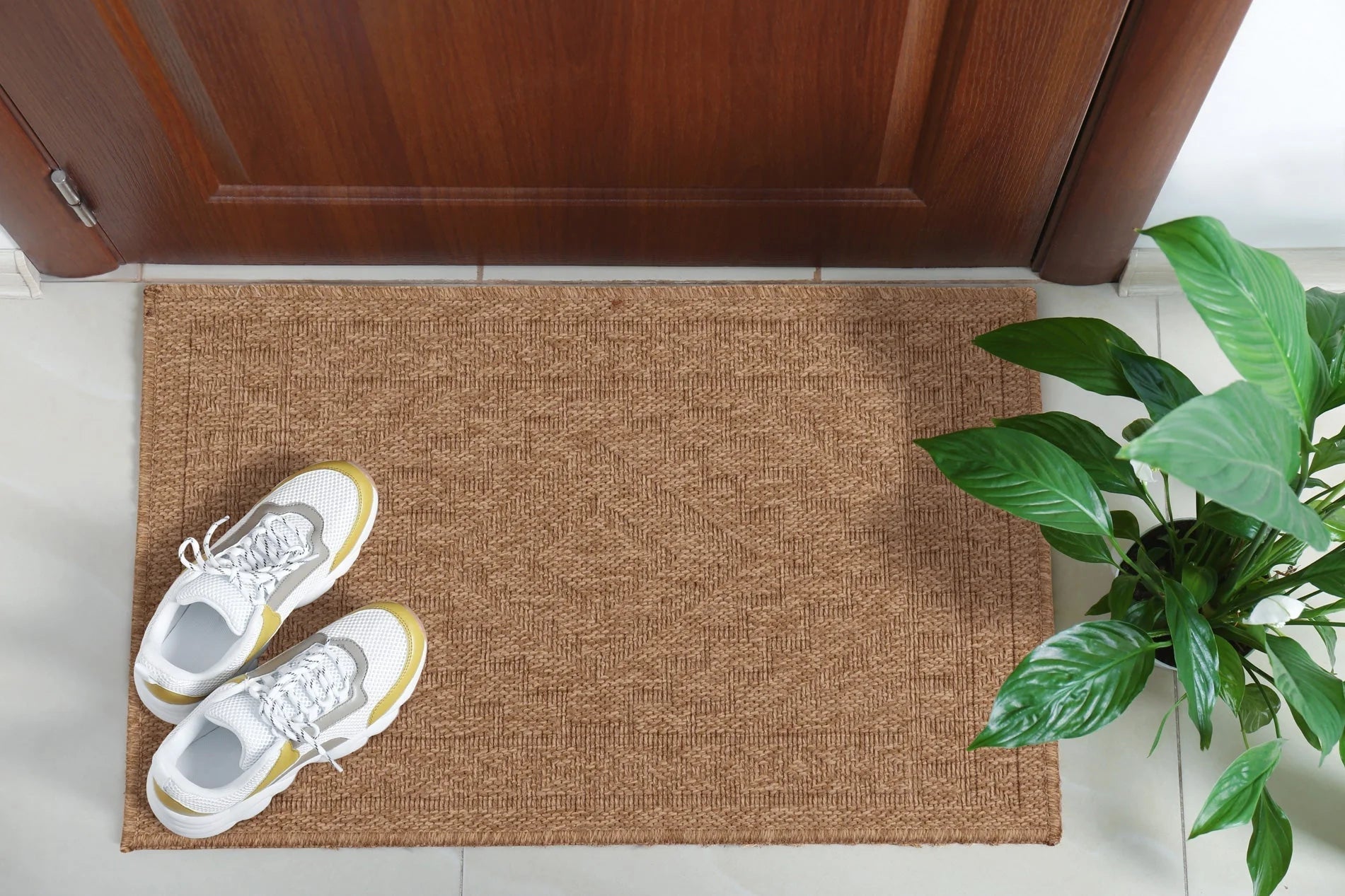 Tapis de salon - intérieur extérieur - aspect jute naturel - motifs géométriques beige - Nature