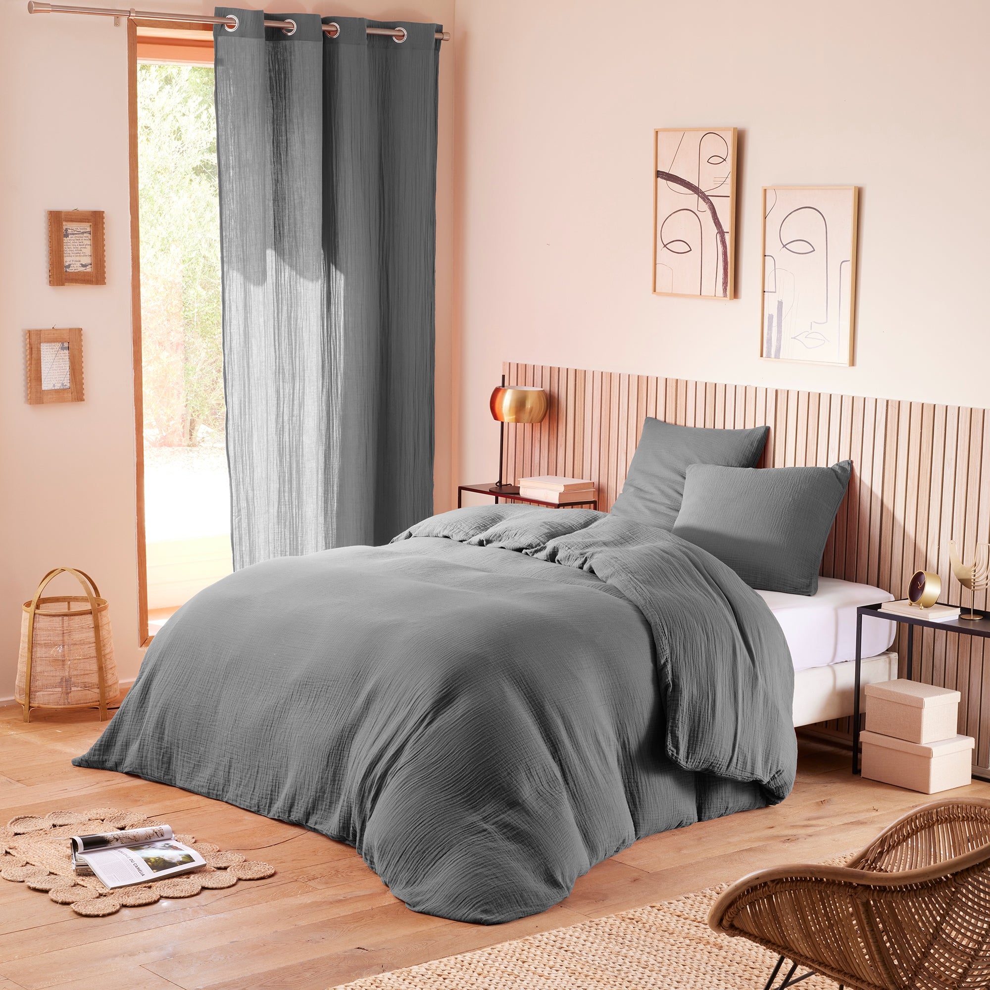 Pack 3 pièces Housse de couette - 260x240cm + 2 taies d'oreiller 65X65cm gaze de coton Ardoise