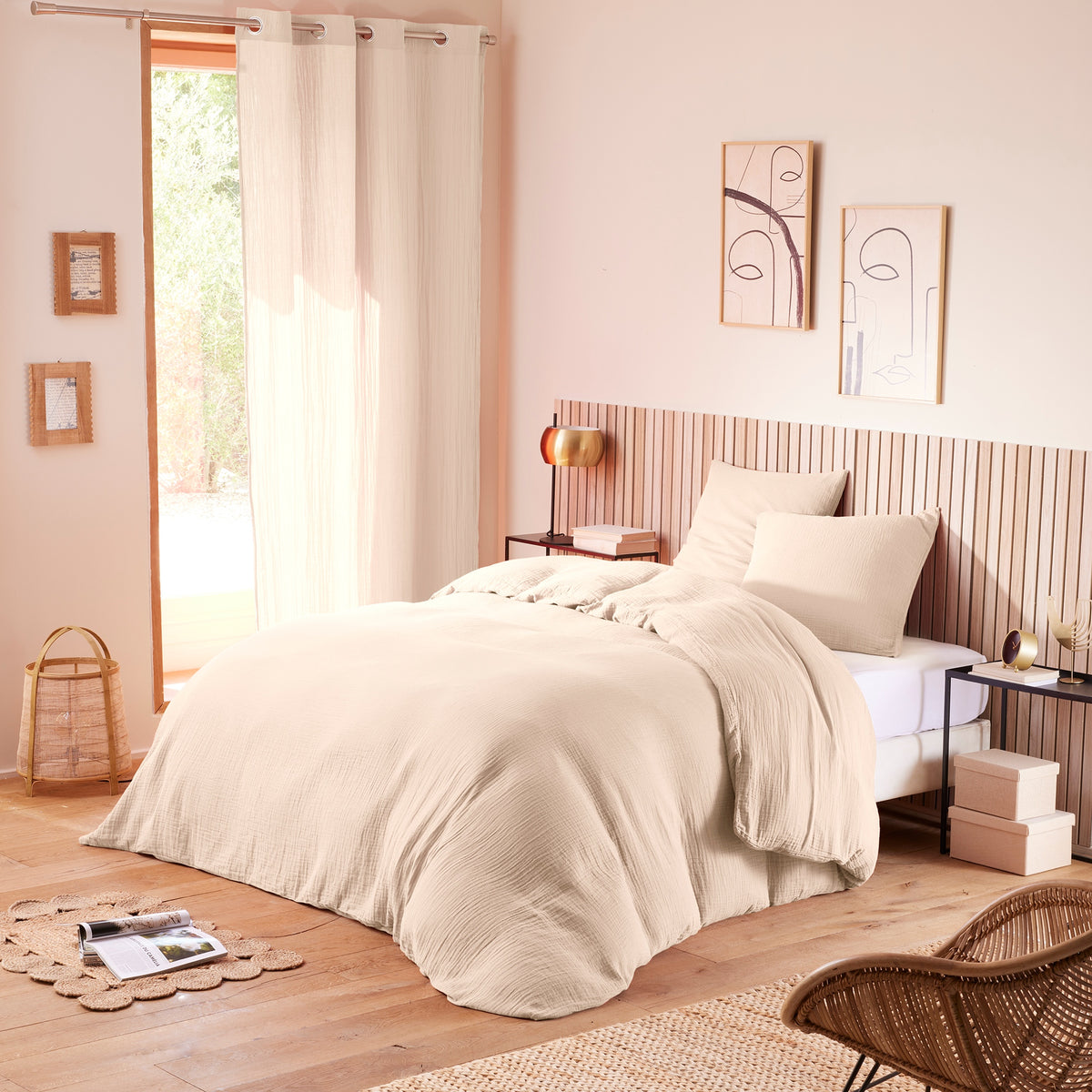 Pack 3 pièces Housse de couette - 260x240cm + 2 taies d'oreiller 65X65cm gaze de coton Naturel