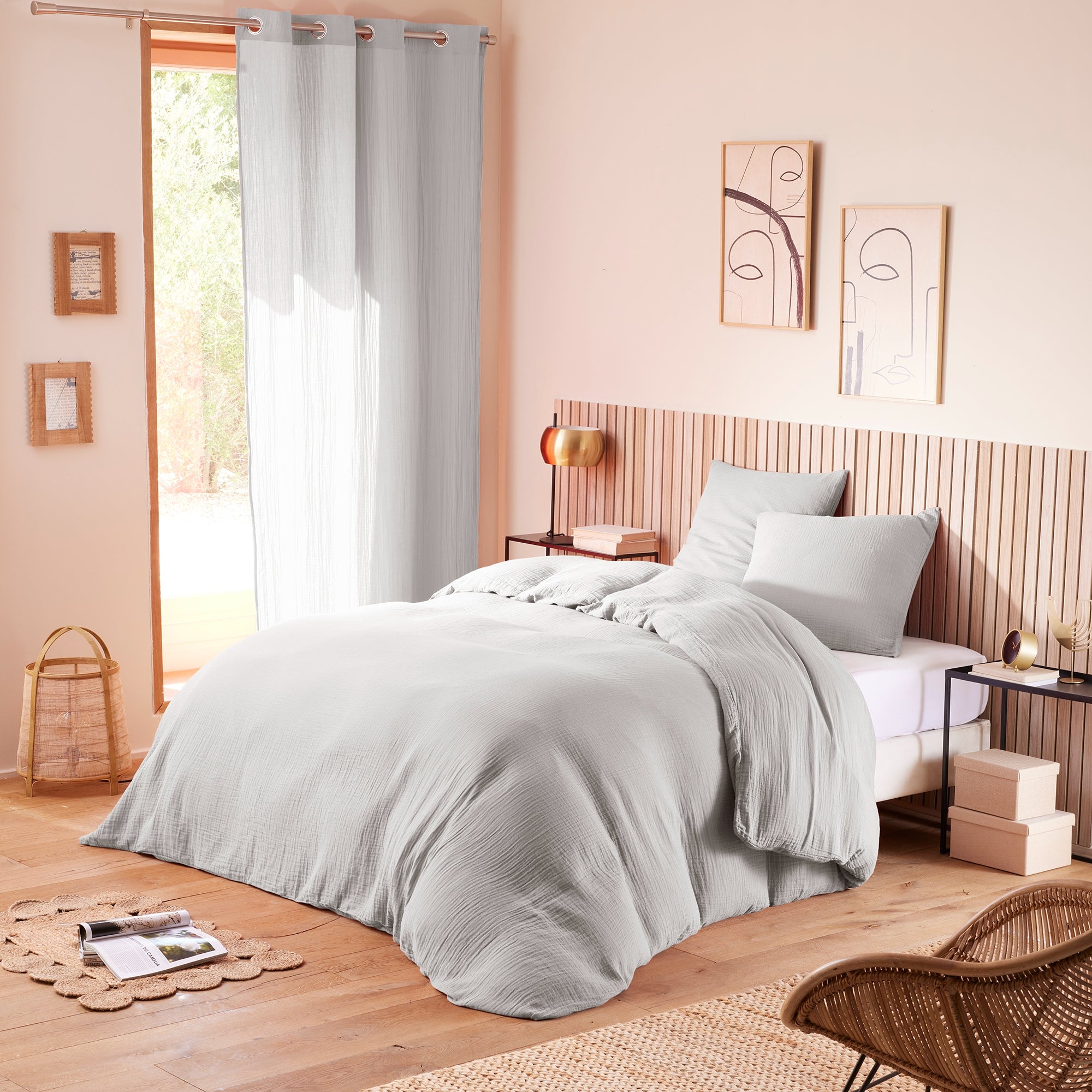 Pack 3 pièces Housse de couette  - 260x240cm + 2 taies d'oreiller 65X65cm gaze de coton Perle
