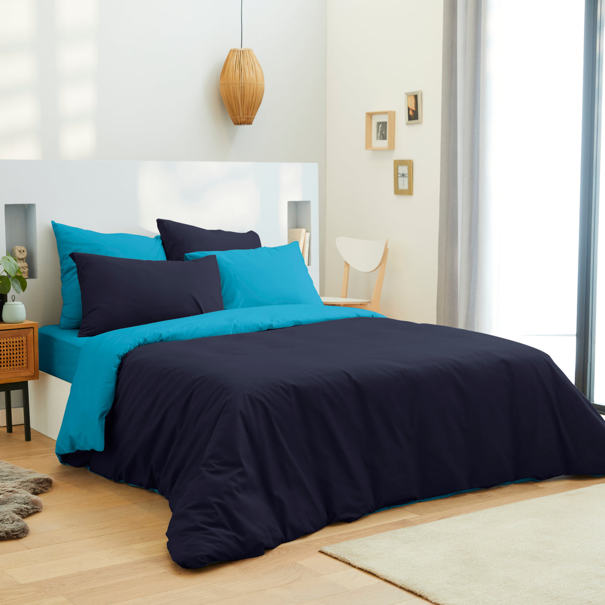 Pack 6 pièces Housse de couette 240 x 260 cm - Drap housse 180 x 200 cm - 100% Coton 57 Fils