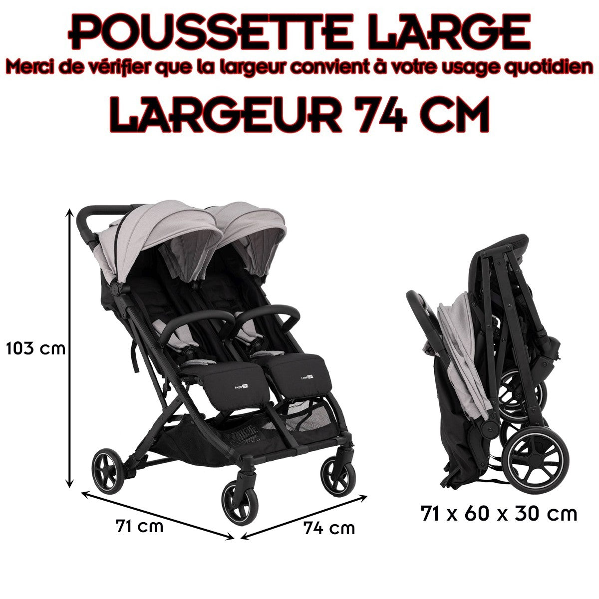 Poussette jumeaux ou enfants rapprochés largeur 74 cm Gris