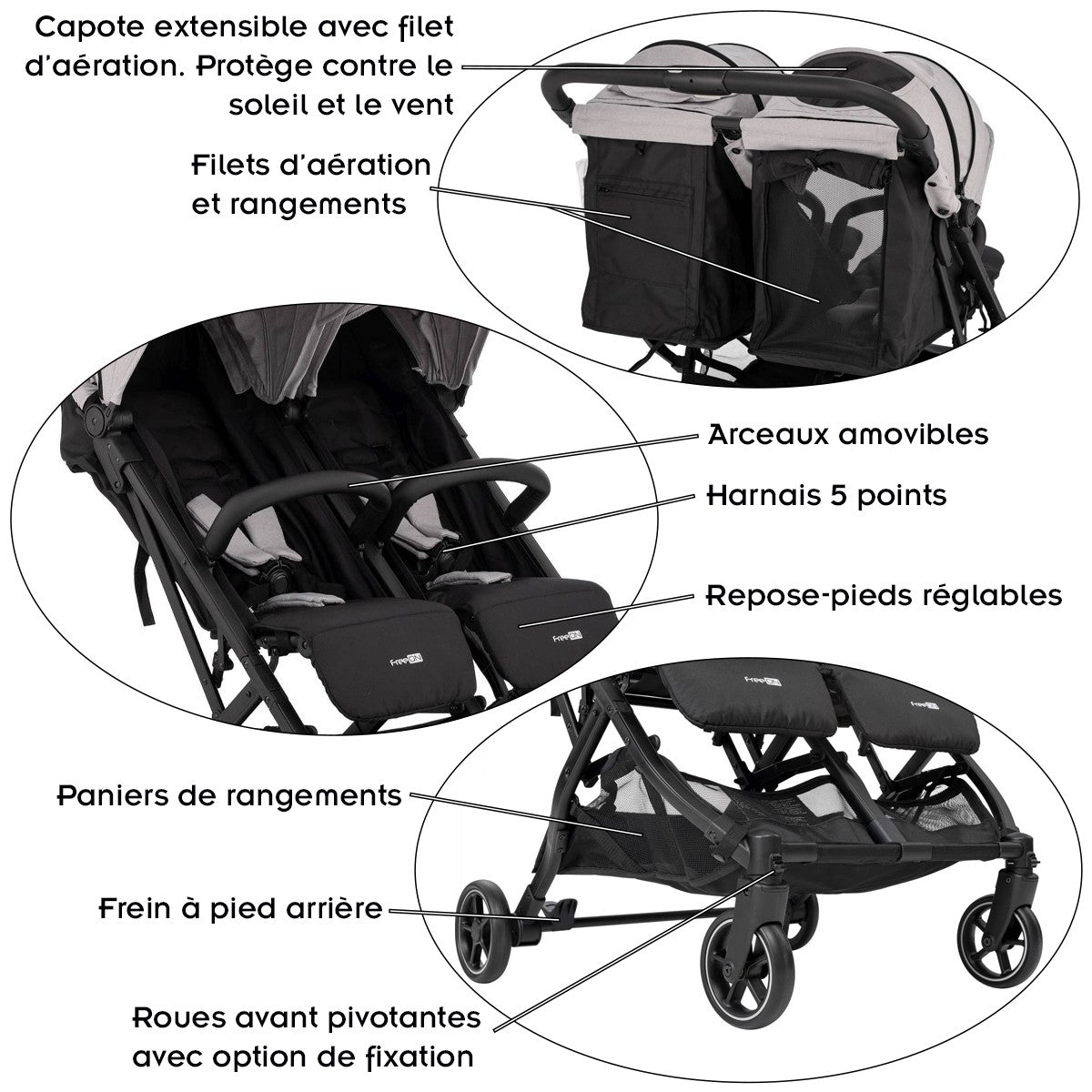 Poussette jumeaux ou enfants rapprochés largeur 74 cm Gris