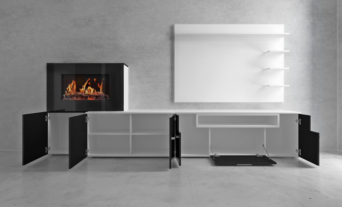 Meuble de salon avec cheminée électrique - 290 x 170 x 45 cm - finition blanc et noir laqué