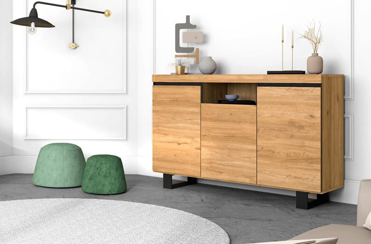 Buffet salon Salle à manger bureau Couleur ''Chêne/Noir'' 3 Portes 1 Compartiment 140x40x92cm