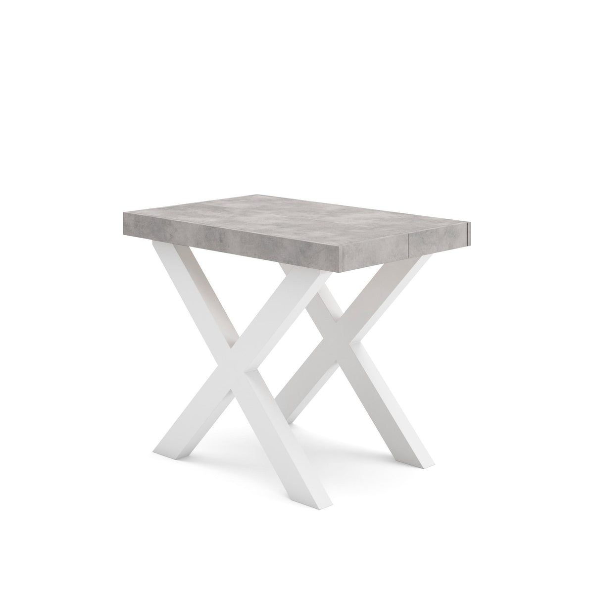 Table console extensible blanche & ciment 180 cm – Jusqu’à 8 personnes – Pieds en bois massif blancs en croix