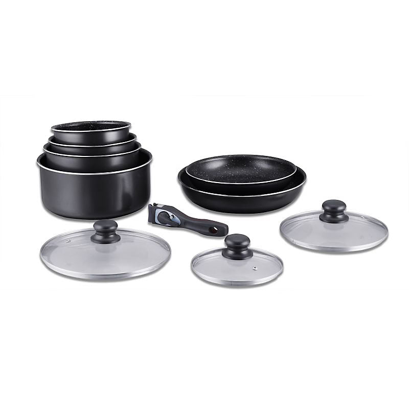Batterie de cuisine revêtement pierre avec manche amovible 10 pièces Herzberg - Noir