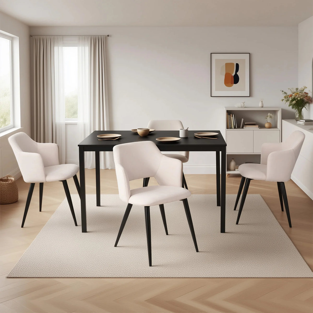 Bari & Akanji - Ensemble repas : table extensible noire 4 à 6 personnes et 4 fauteuils scandinaves en tissu beige