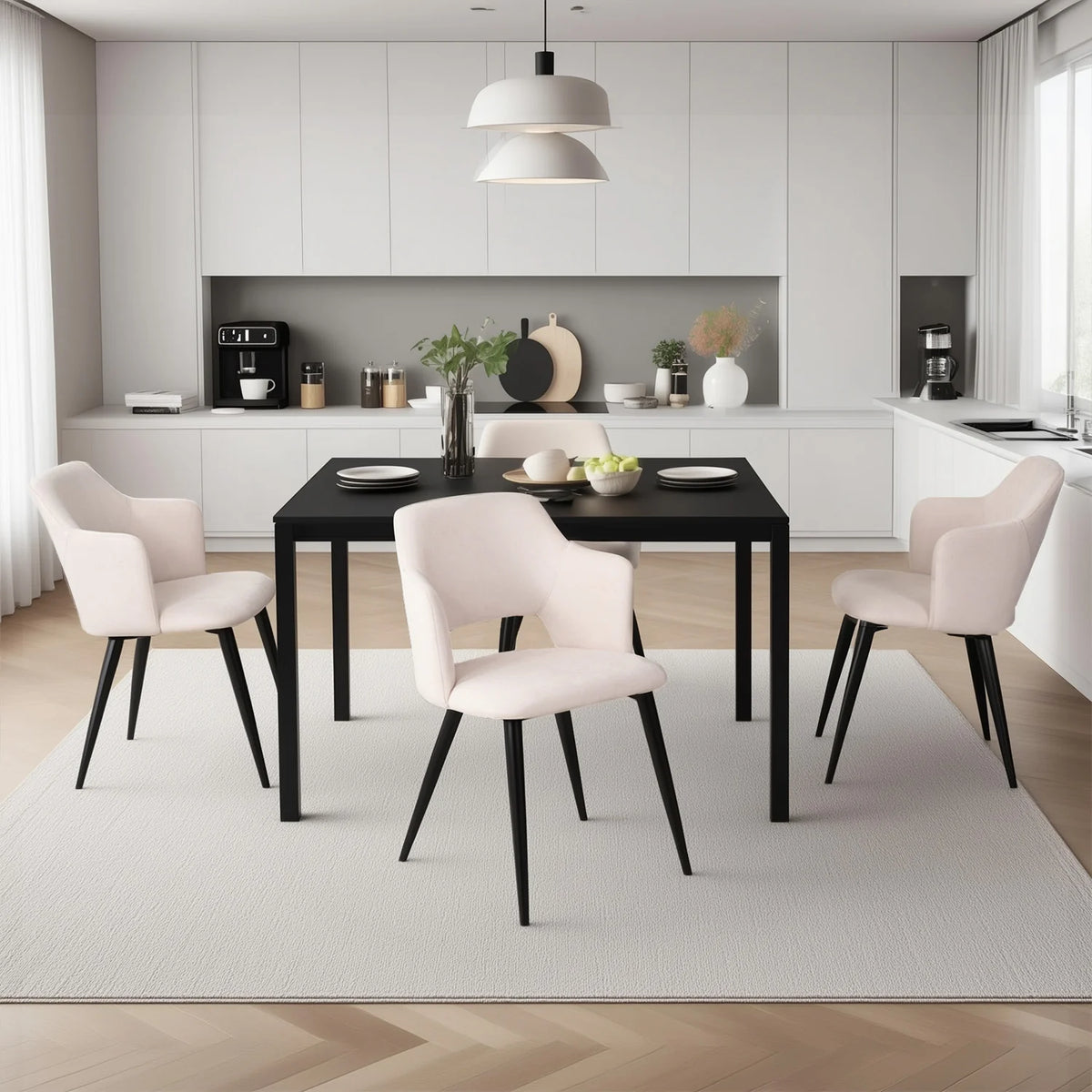 Bari & Akanji - Ensemble repas : table extensible noire 4 à 6 personnes et 4 fauteuils scandinaves en tissu beige