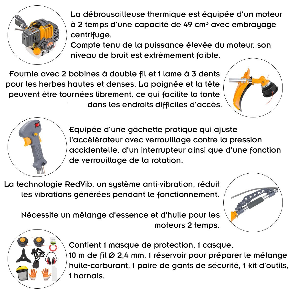 Débroussailleuse thermique avec moteur 2 temps 49 cm³ 6 CV effectif + kit d'accessoires