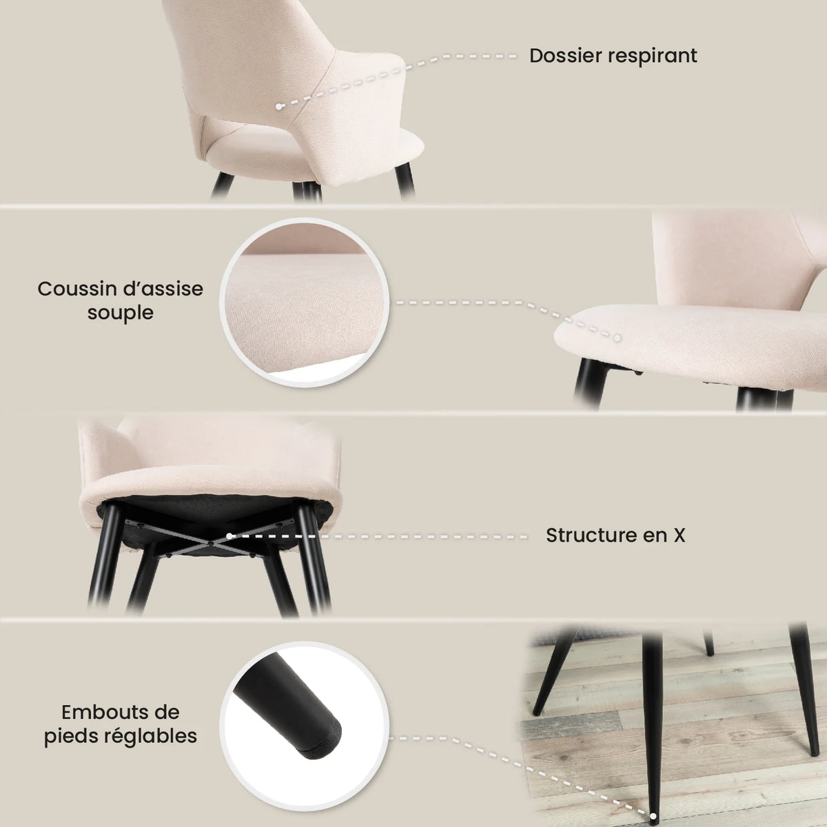 Bari & Akanji - Ensemble repas : table extensible noire 4 à 6 personnes et 4 fauteuils scandinaves en tissu beige