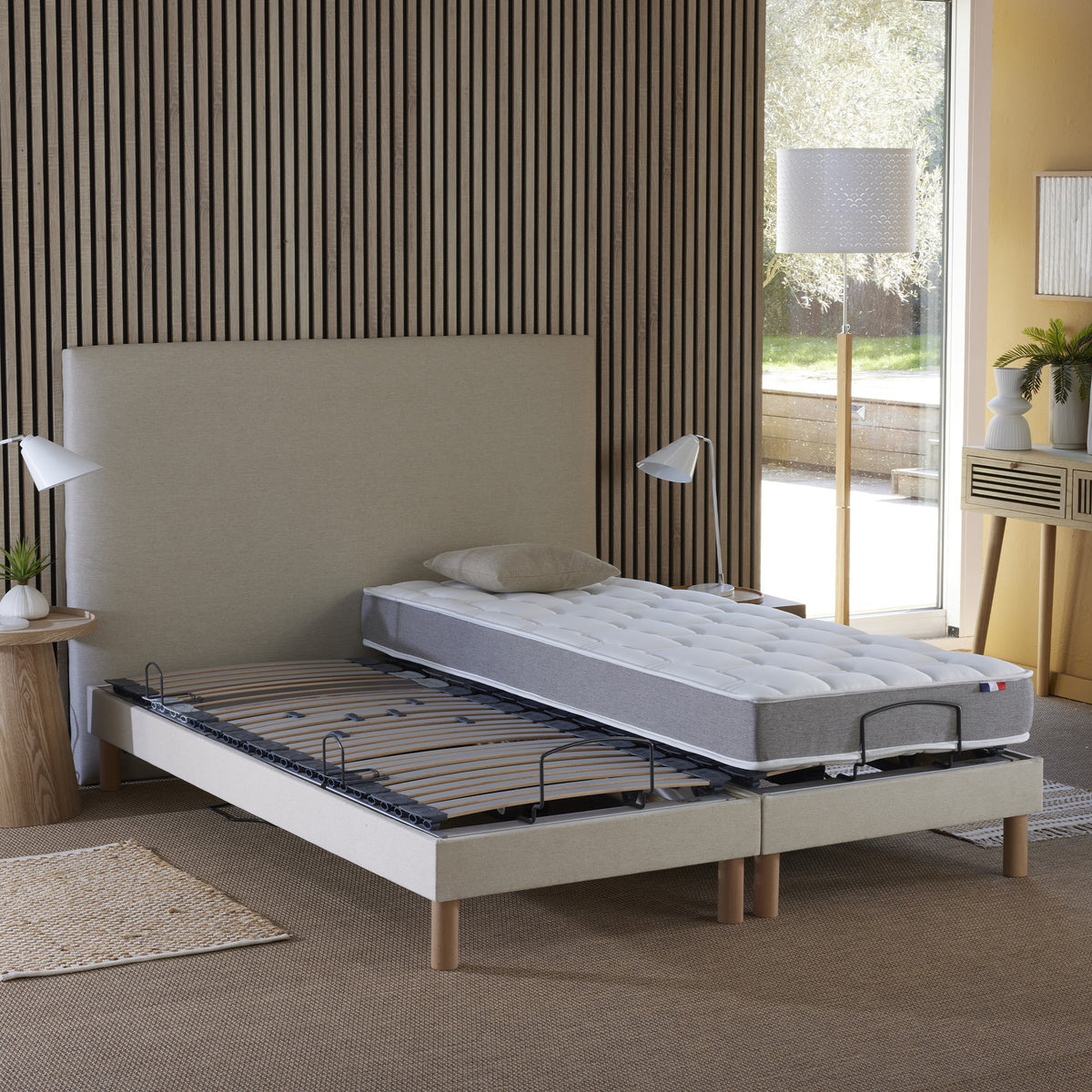 Ensemble lit électrique relaxation multi lattes + Matelas Mousse à mémoire de forme Couleur Beige 2x80 x 200