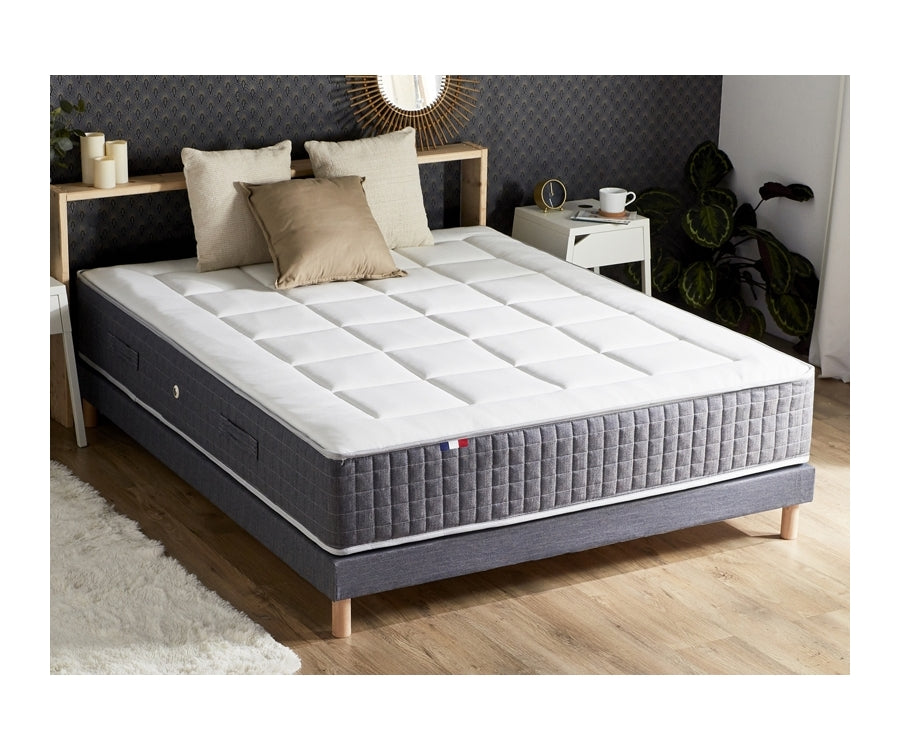 Ensemble 140X190 cm Matelas 30 cm à ressorts 7 zones + Mémoire de forme + Sommier KING STYLE Fabriqué en France