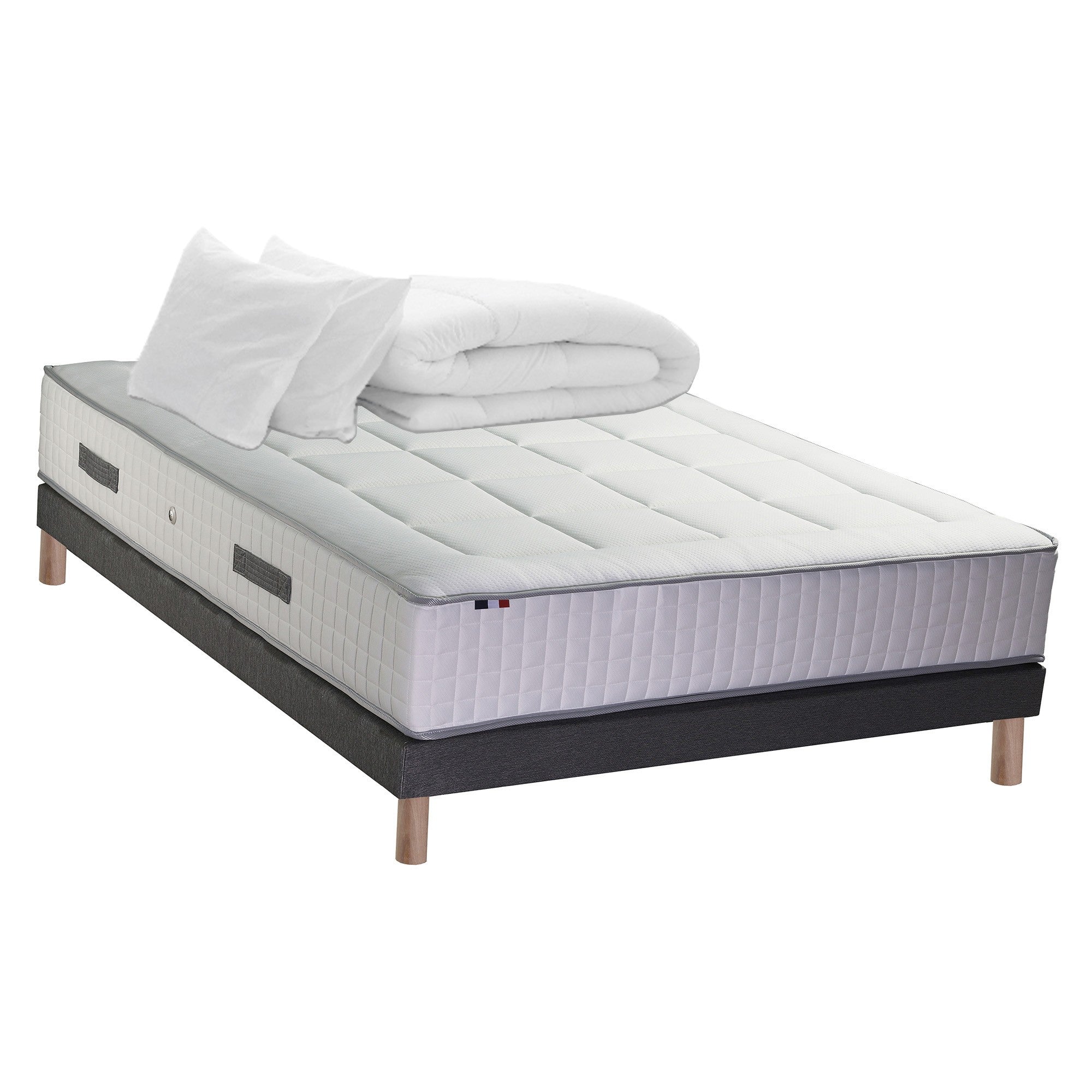 Ensemble 140x190 cm  matelas 30 cm Ressort 7 zones + sommier + oreiller + couette - FABRICATION FRANCAISE