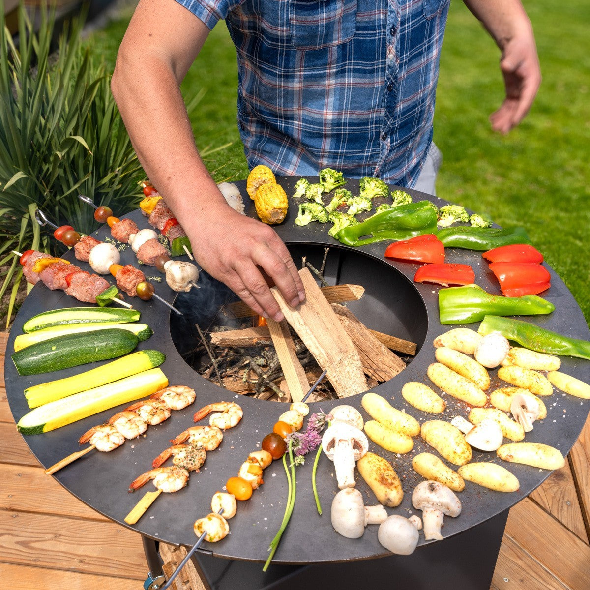 Brasero haut acier corten avec plaque et grille amovible inox barbecue plancha extérieur Ø 75 cm