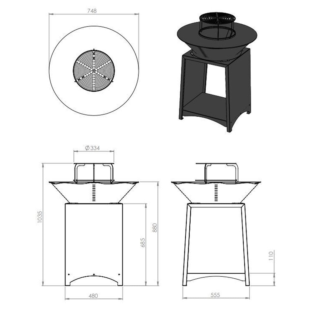 Brasero haut acier corten avec plaque et grille amovible inox barbecue plancha extérieur Ø 75 cm