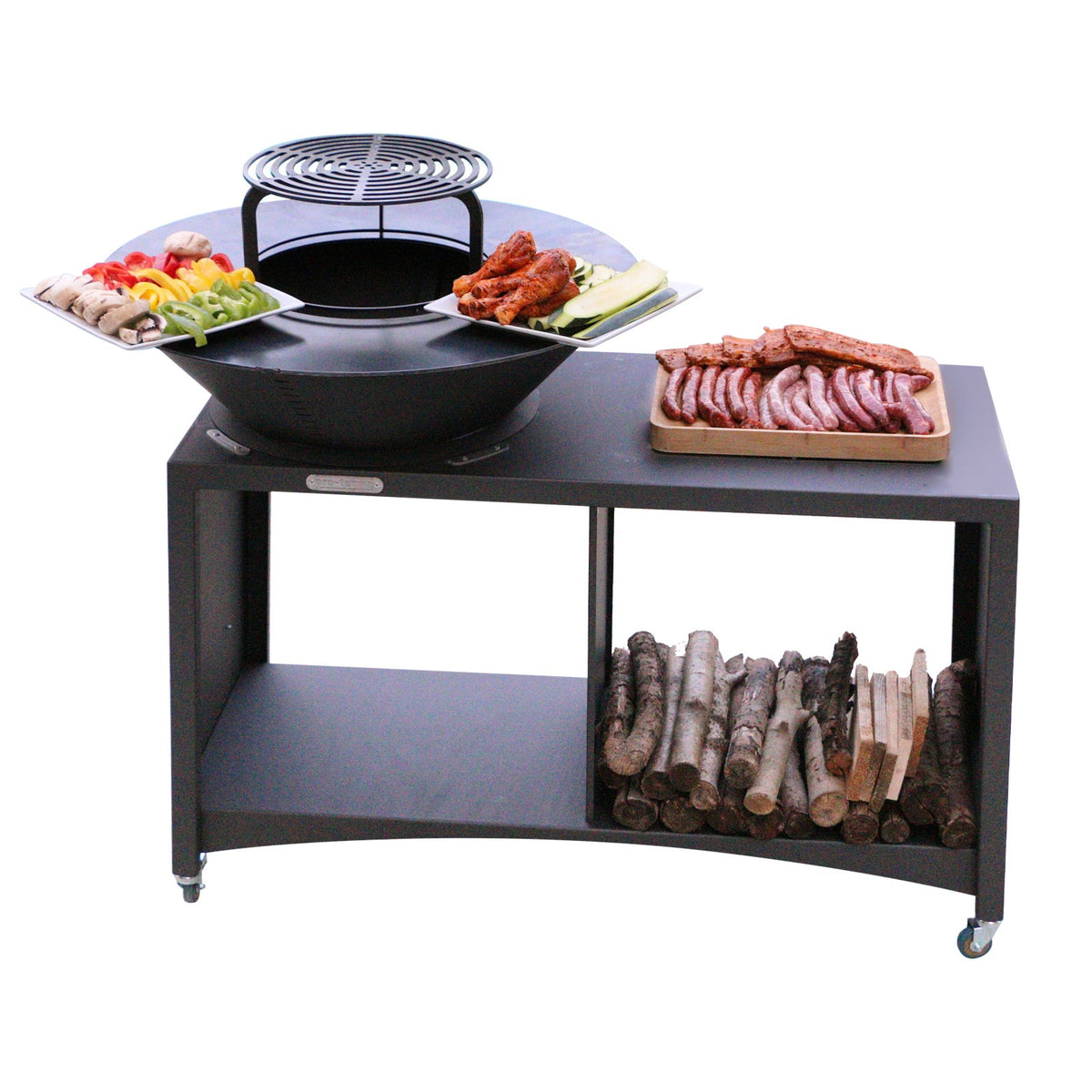 Brasero îlot avec plaque et grille amovible en acier barbecue plancha extérieur Ø 100 cm