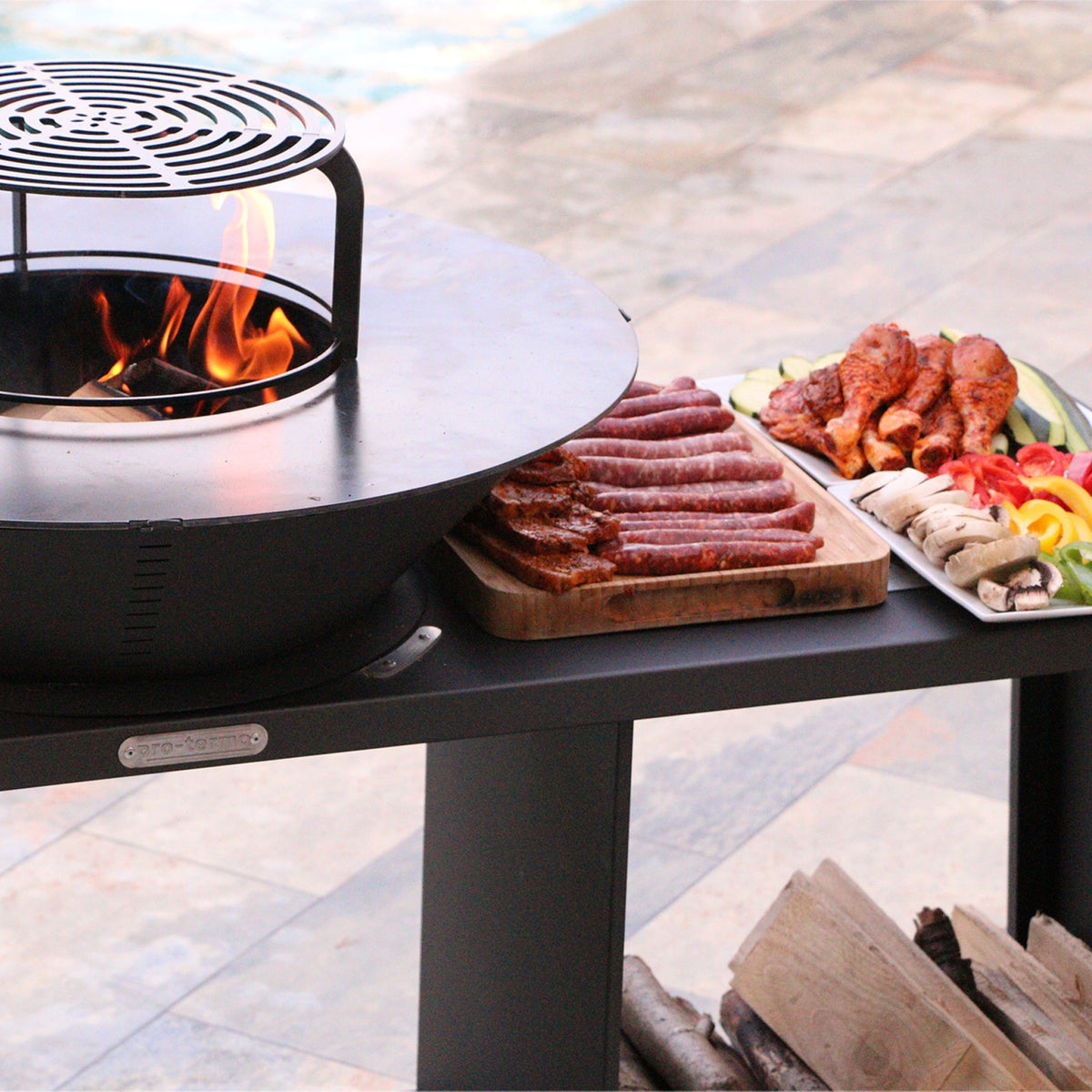 Brasero îlot avec plaque et grille amovible en acier barbecue plancha extérieur Ø 100 cm