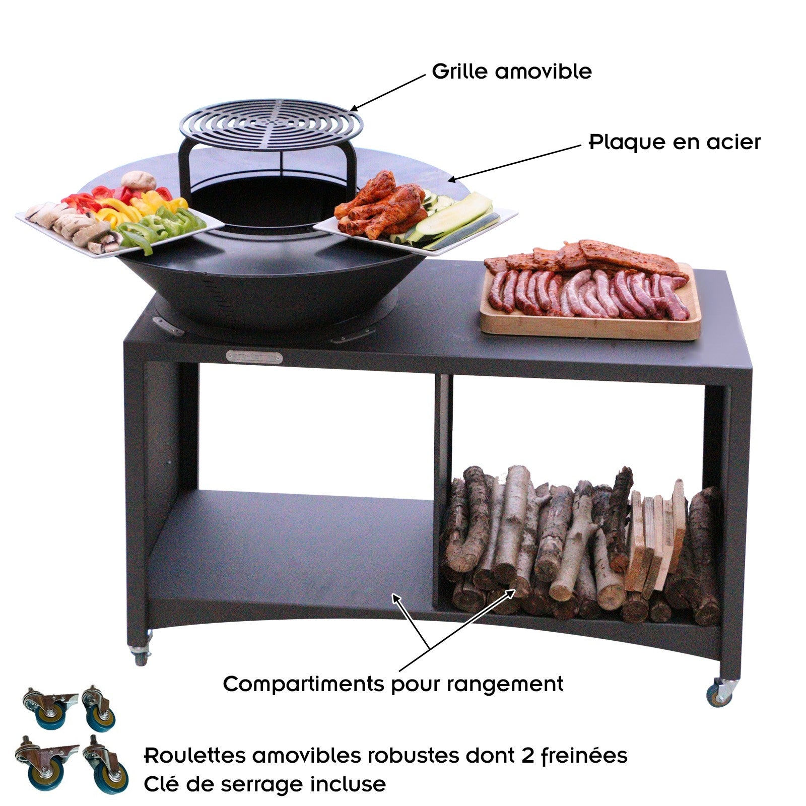 Brasero îlot avec plaque et grille amovible en acier barbecue plancha extérieur Ø 100 cm