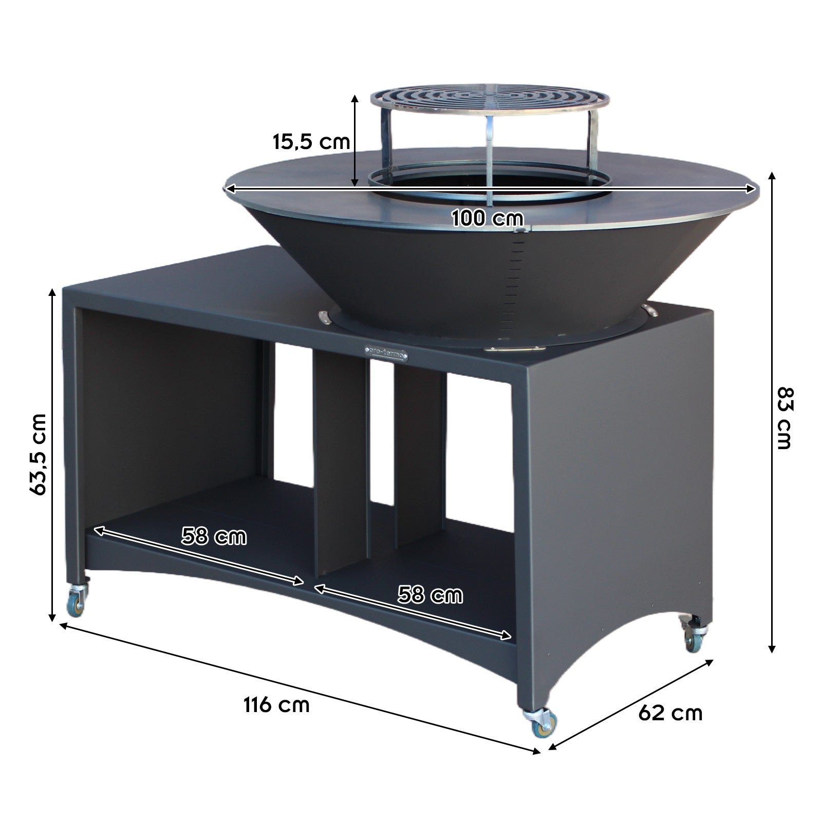 Brasero îlot avec plaque et grille amovible en acier barbecue plancha extérieur Ø 100 cm