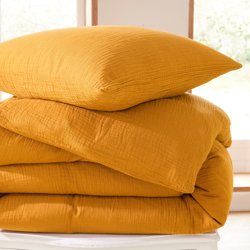 Pack 4 Pièces Housse de couette Gaze de Coton 260 x 240 cm - Curry