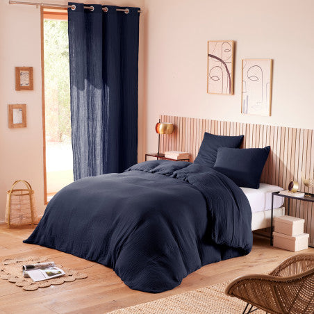 Pack 3 Pièces Housse de couette Gaze de Coton 140 x 200 cm - Bleu Nuit