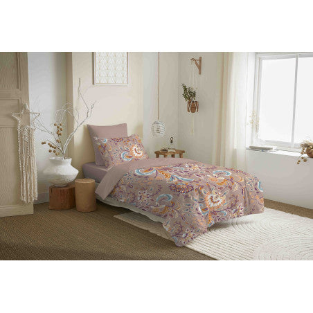 Pack Complet Housse de couette  Imprimé 140 x 200 cm - Drap housse 90 x 190 cm - 100% coton / 57 fils/cm² - BERGAME NUDE