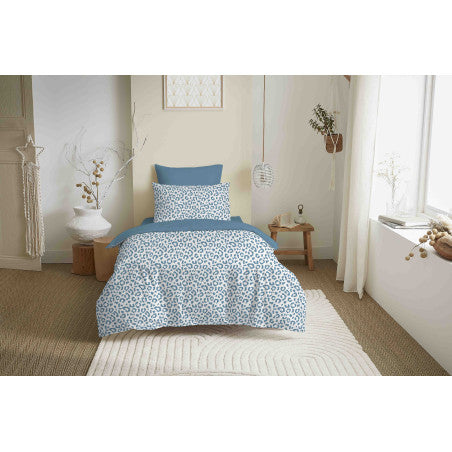 Pack Complet Housse de couette  Imprimé 140 x 200 cm - Drap housse 90 x 190 cm - 100% coton / 57 fils/cm² - DIANA BLEU