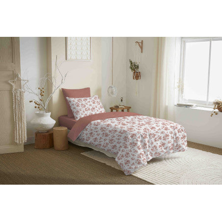 Pack Complet Housse de couette  Imprimé 140 x 200 cm - Drap housse 90 x 190 cm - 100% coton / 57 fils/cm² - ELOISE ABRICOT