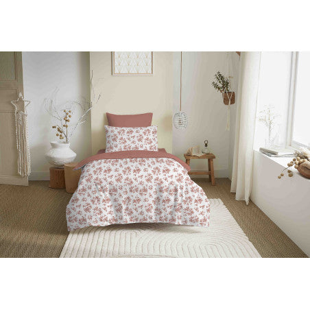 Pack Complet Housse de couette  Imprimé 140 x 200 cm - Drap housse 90 x 190 cm - 100% coton / 57 fils/cm² - ELOISE ABRICOT