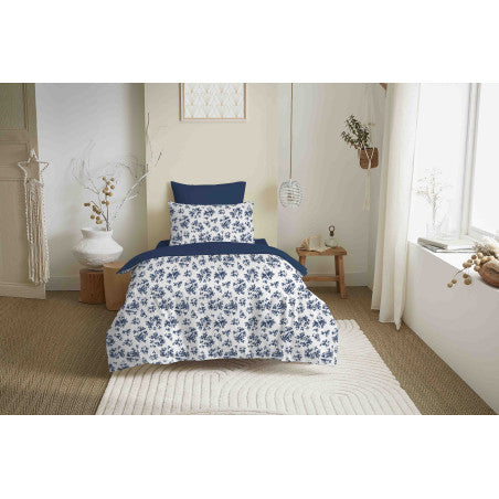 Pack Complet Housse de couette  Imprimé 140 x 200 cm - Drap housse 90 x 190 cm - 100% coton / 57 fils/cm² - ELOISE BLEU