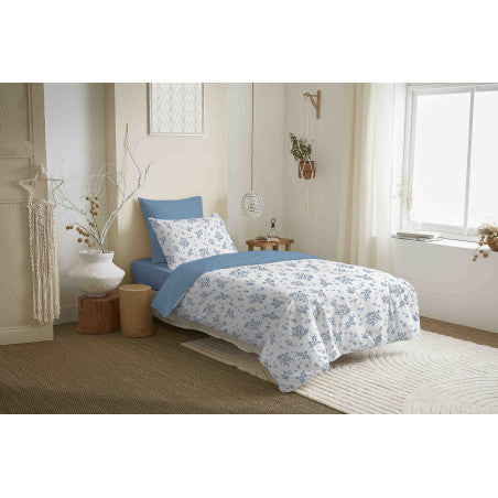 Pack Complet Housse de couette  Imprimé 140 x 200 cm - Drap housse 90 x 190 cm - 100% coton / 57 fils/cm² - LOUISE BLEU