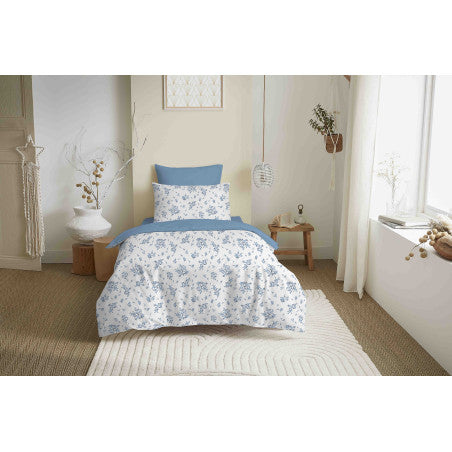 Pack Complet Housse de couette  Imprimé 140 x 200 cm - Drap housse 90 x 190 cm - 100% coton / 57 fils/cm² - LOUISE BLEU