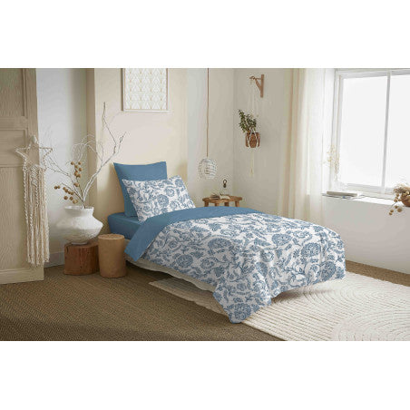 Pack Complet Housse de couette  Imprimé 140 x 200 cm - Drap housse 90 x 190 cm - 100% coton / 57 fils/cm² -  SALMA BLEU