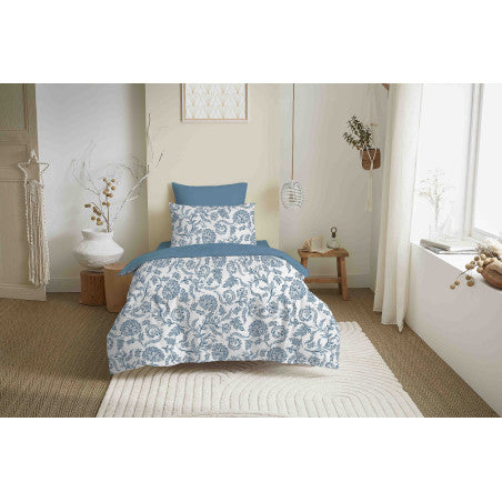 Pack Complet Housse de couette  Imprimé 140 x 200 cm - Drap housse 90 x 190 cm - 100% coton / 57 fils/cm² -  SALMA BLEU