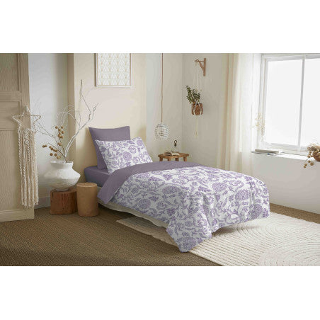 Pack Complet Housse de couette  Imprimé 140 x 200 cm - Drap housse 90 x 190 cm - 100% coton / 57 fils/cm² - SALMA LAVANDE