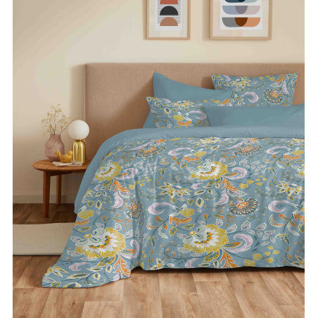 Pack Complet Housse de couette Imprimé 220 x 240 cm - Drap housse 140 x 190 cm - 100% coton / 57 fils/cm² - BERGAME TURQUOISE