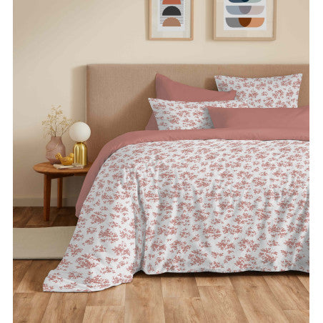 Pack Complet Housse de couette Imprimé 220 x 240 cm - Drap housse 140 x 190 cm - 100% coton / 57 fils/cm²- ELOISE ABRICOT