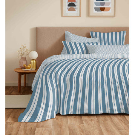 Pack Complet Housse de couette Imprimé 220 x 240 cm - Drap housse 140 x 190 cm - 100% coton / 57 fils/cm²- FLORENCE DENIM